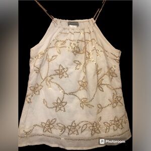 INC Cotton top with gold sequin accents, gold chain neck strap. Worn once. Sz.8